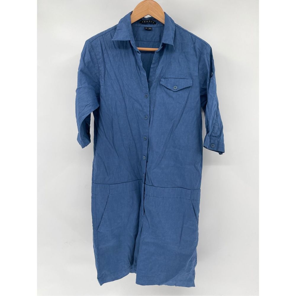 Theory Jumpsuit Shirt Romper Shorts Women Size 10 Blue Linen Blend Short Sleeve